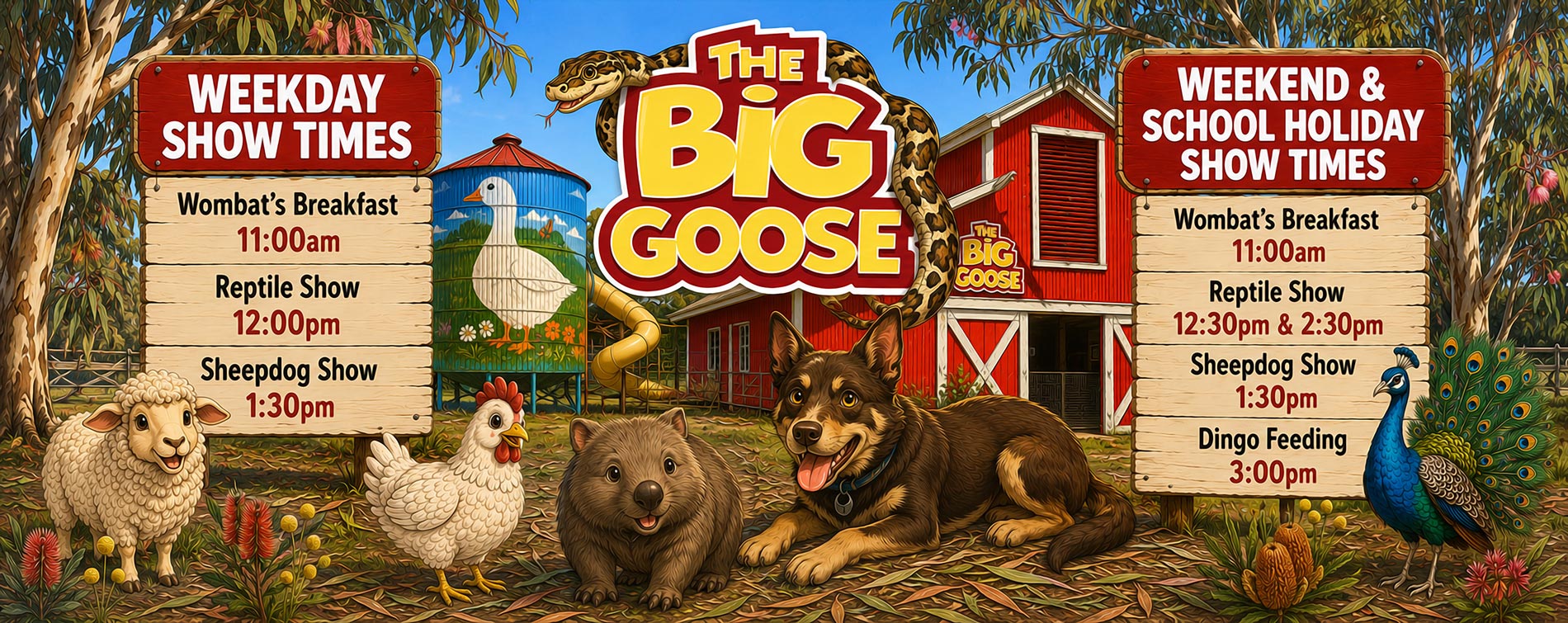 The Big Goose Adventure Farm and Wildlife Park on the Mornington Peninsula close to Melbourne and Cranbourne Family Fun Activity and Things to Do With the Kids on School Holidays - Reptile Shows, Dingo Feeding Shows, Sheepdog Shows