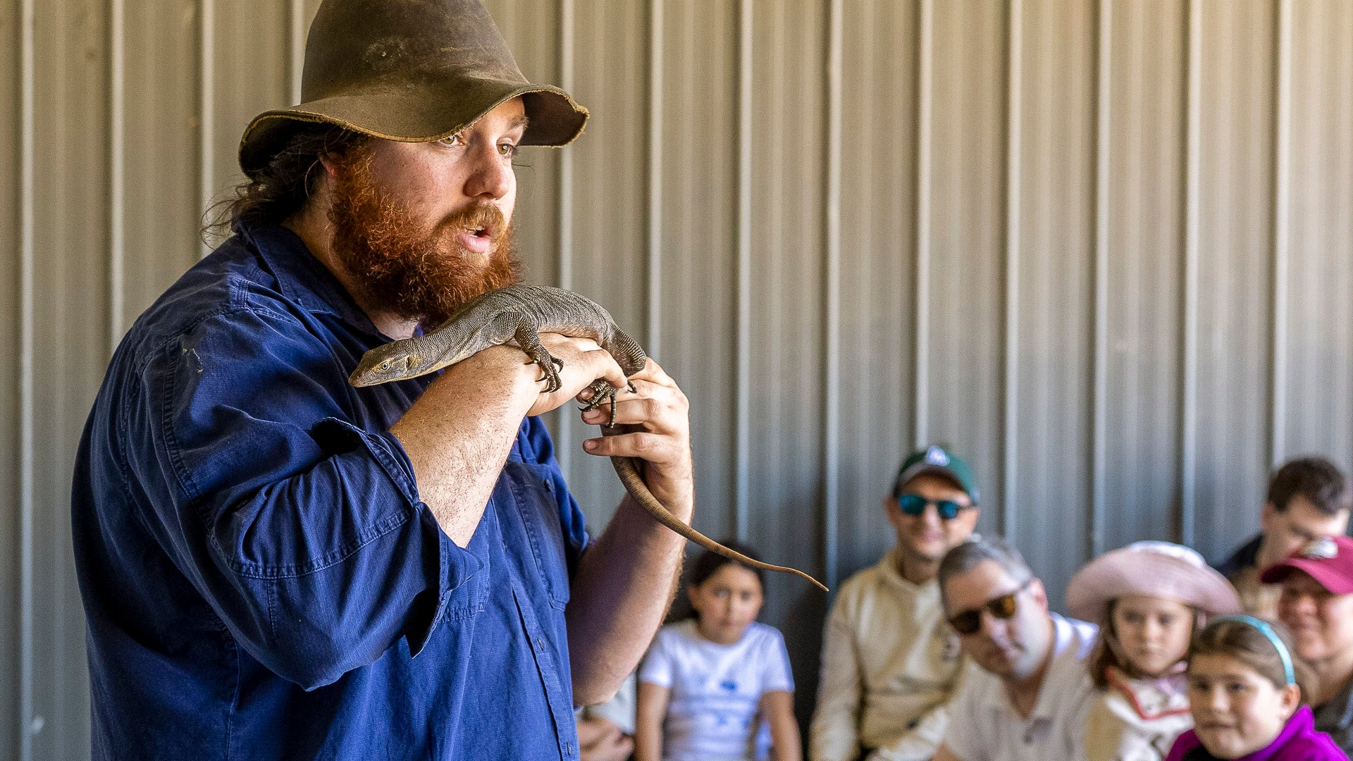 Live reptile show at The Big Goose Adventure Farm & Wildlife Park featuring an experienced wildlife keeper introducing a young monitor lizard to families