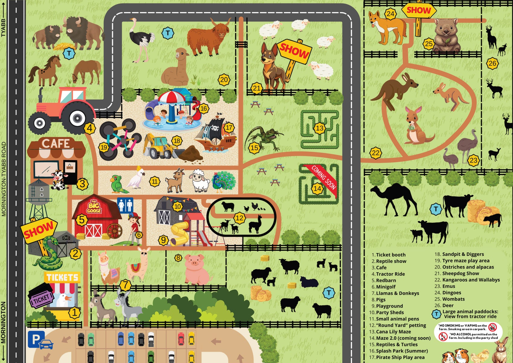 Visitor map of The Big Goose Adventure Farm & Wildlife Park in Moorooduc, featuring farm animals, wildlife exhibits, reptile encounters, mini golf, playgrounds, tractor rides, splash park, café facilities and family attractions.