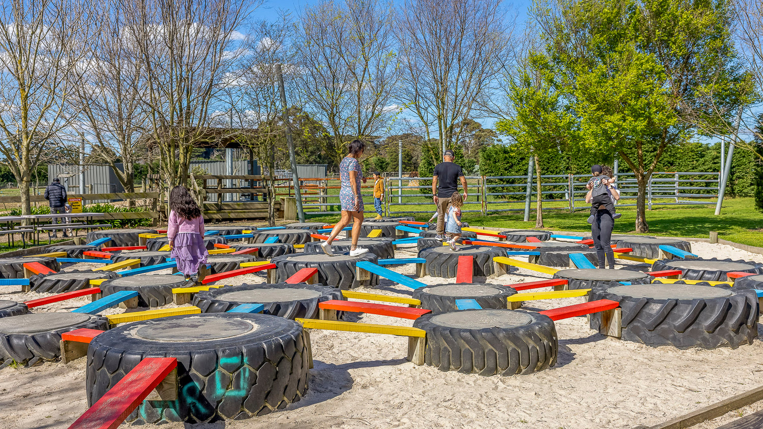 Adventure playgrounds and tyre maze at The Big Goose Adventure Farm & Wildlife Park on the Mornington Peninsula, one of Victoria’s favourite family attractions, near Hastings, Mornington, Rosebud, Frankston, Cranbourne and Melbourne